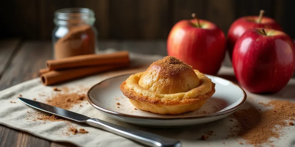 a plate with a pastry on it next to apples and cinnamon sticks on a table with a knife and a jar of