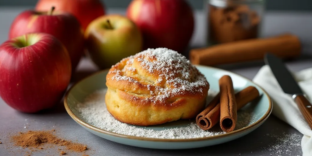 a plate with a pastry on it next to apples and cinnamon sticks on a table with a knife and a jar of