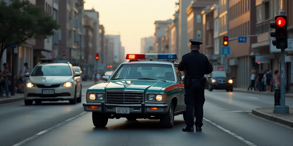 a police car is parked at a red light in a city street with a police officer standing next to it, Br