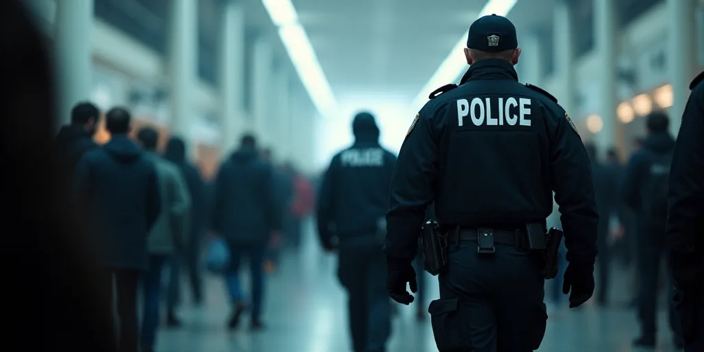 a police officer is walking through a crowd of people in a building with a sign on it that says poli