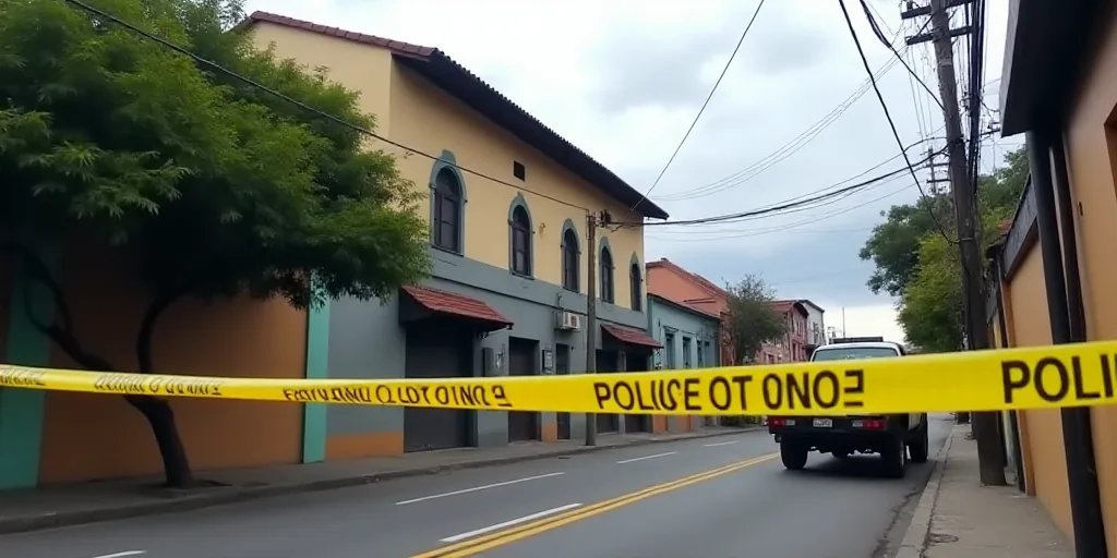 a police tape is taped off in front of a building on a street with a truck parked on the side of the