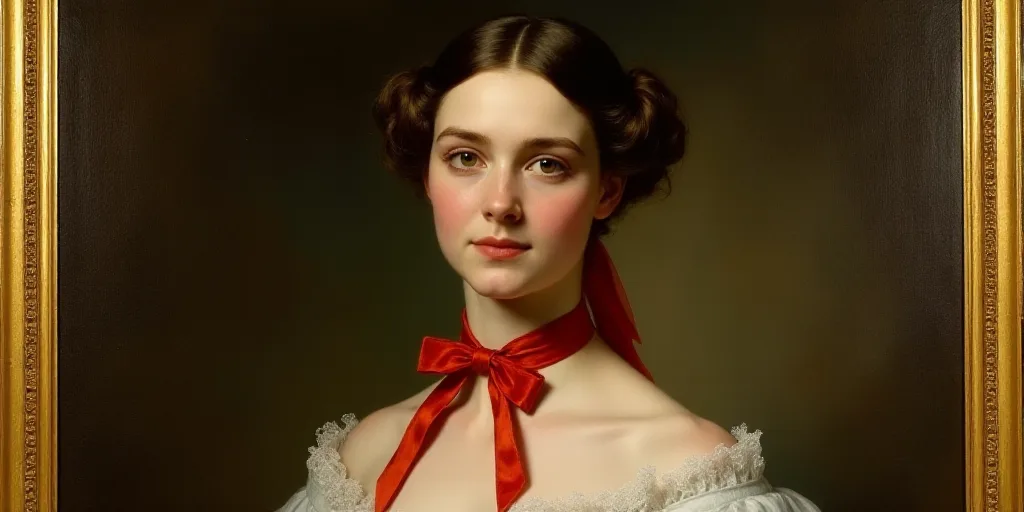 a portrait of a woman in a gold frame with a red ribbon around her neck and a red bow, Clara Weaver