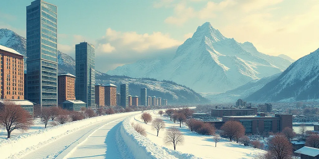 a poster with a picture of a city and a mountain in the background with the words ice 2055 los meror
