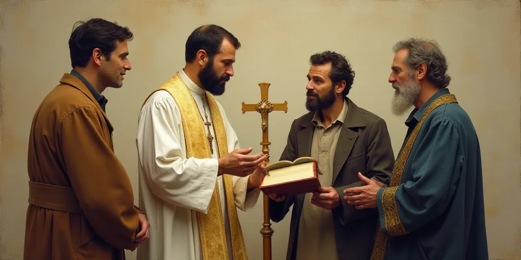 a priest is holding a book and a cross in his hands while two men stand nearby and talk to him, Bern