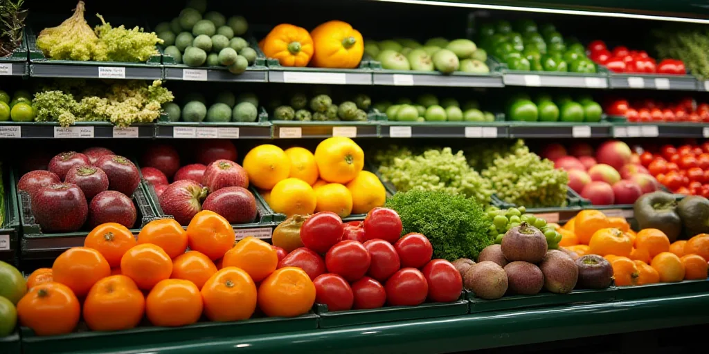 a produce section of a grocery store with a variety of fruits and vegetables on display for sale in