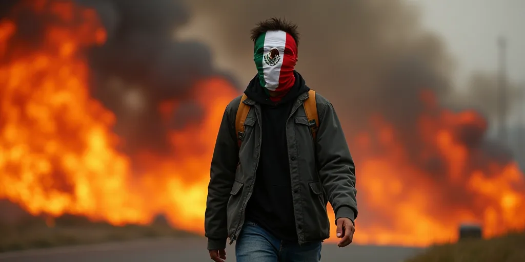 a protester wearing a mask and a mask of a mexican flag is walking past a fire and smoke, Estuardo M