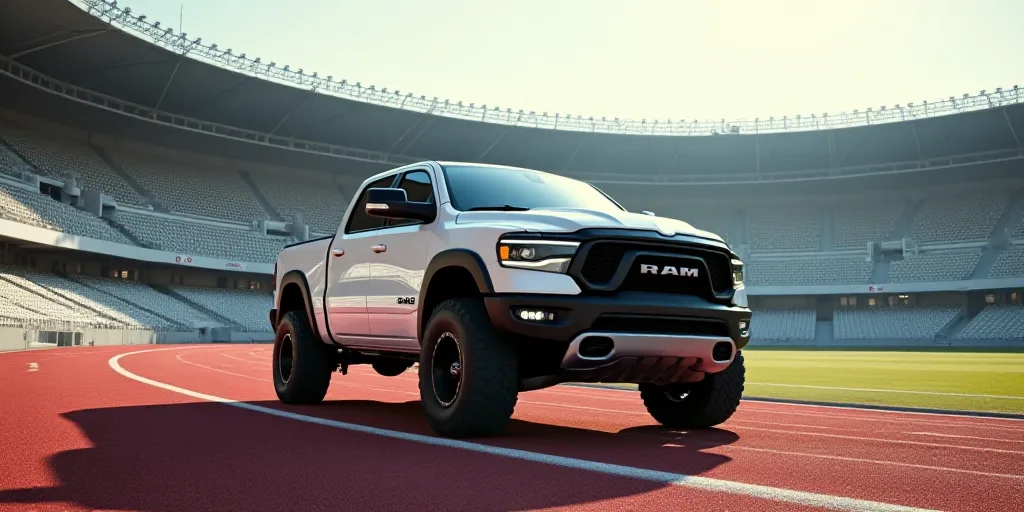 a ram truck is driving on a track in front of a stadium full of seats and empty bleachers, Esaias Bo