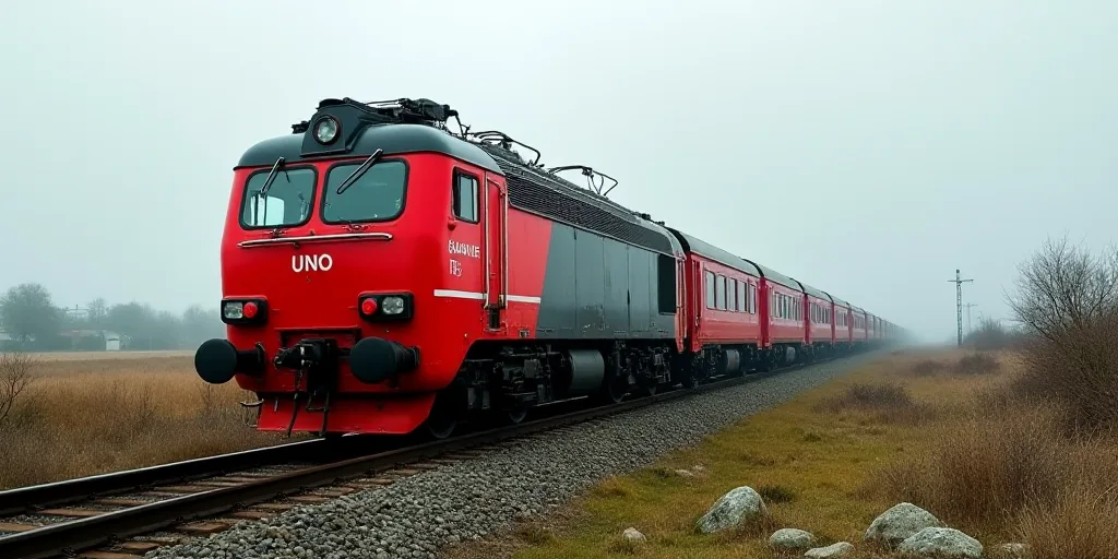 a red and black train traveling down train tracks next to a field of grass and rocks on a cloudy day