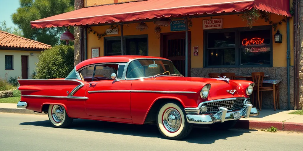 a red car parked in front of a restaurant with a sign that says taqueria on it's side, Araceli Gilbe