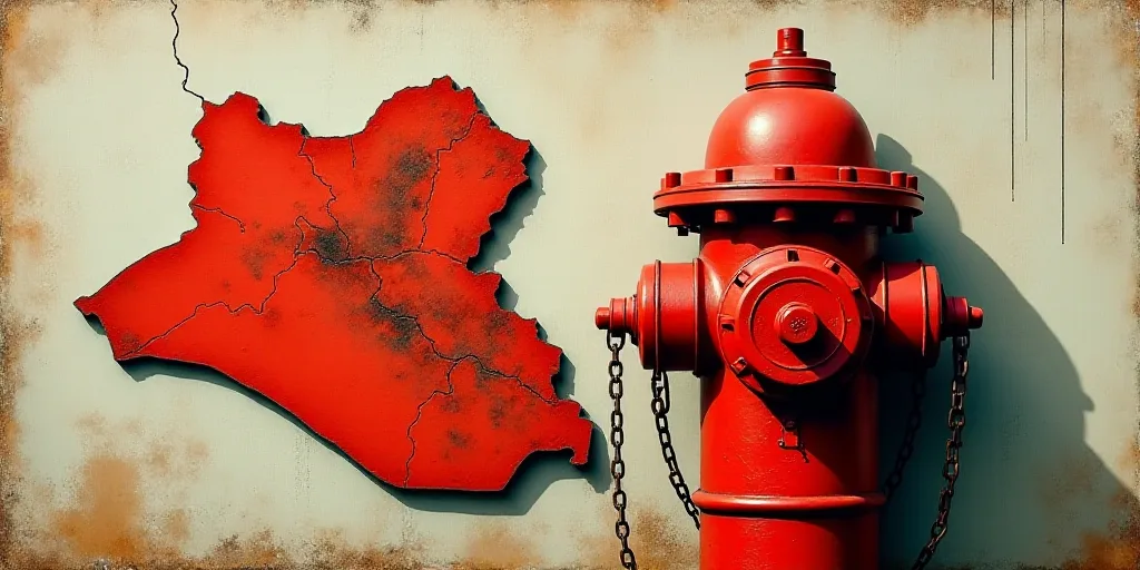 a red fire hydrant with a red wheel on it's side and a map of the country of iraq behind it, Bogi Fa