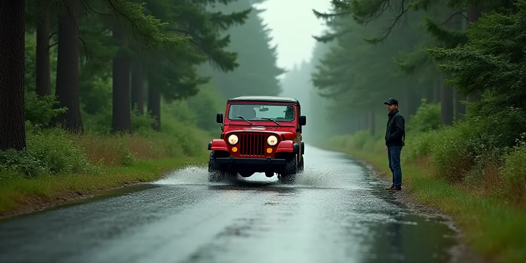 a red jeep driving through a flooded street next to a forest filled with trees and bushes, with a ma