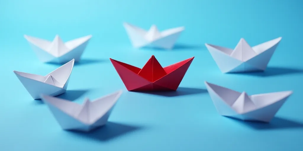 a red origami boat is surrounded by white ones on a blue background with a red one in the middle, An