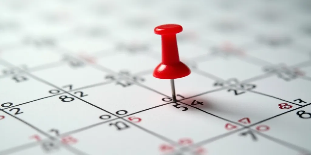a red pin on a calendar with numbers and date marks on it, with a red pin stuck in the middle of the
