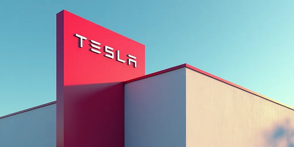 a red sign that says tesla on it next to a building with a blue sky in the background and a red sign