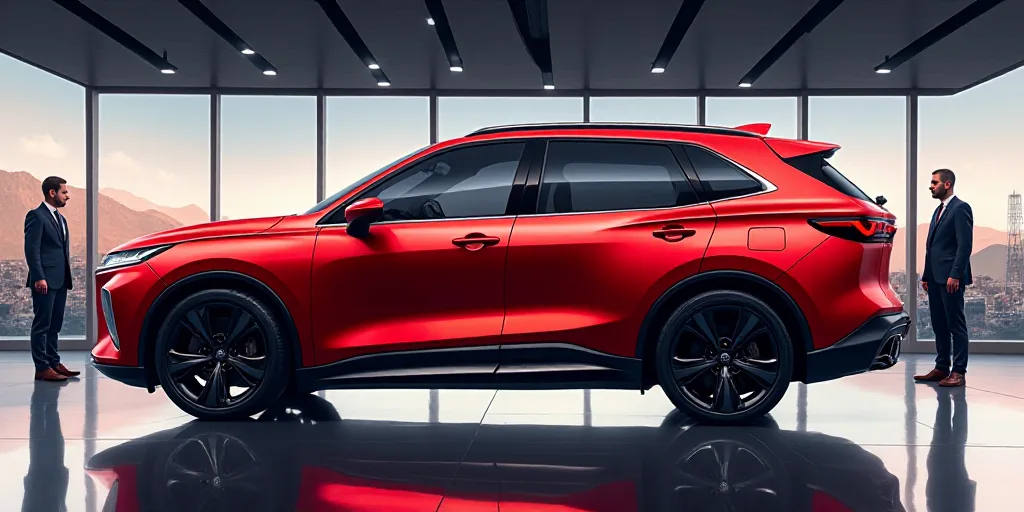 a red suv is on display at a showroom with a man standing next to it and a man standing behind it, A