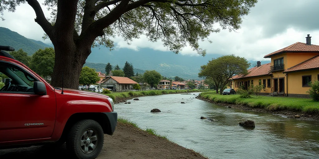 a red truck parked on the side of a road next to a tree and a car parked on the side of the road, Ce