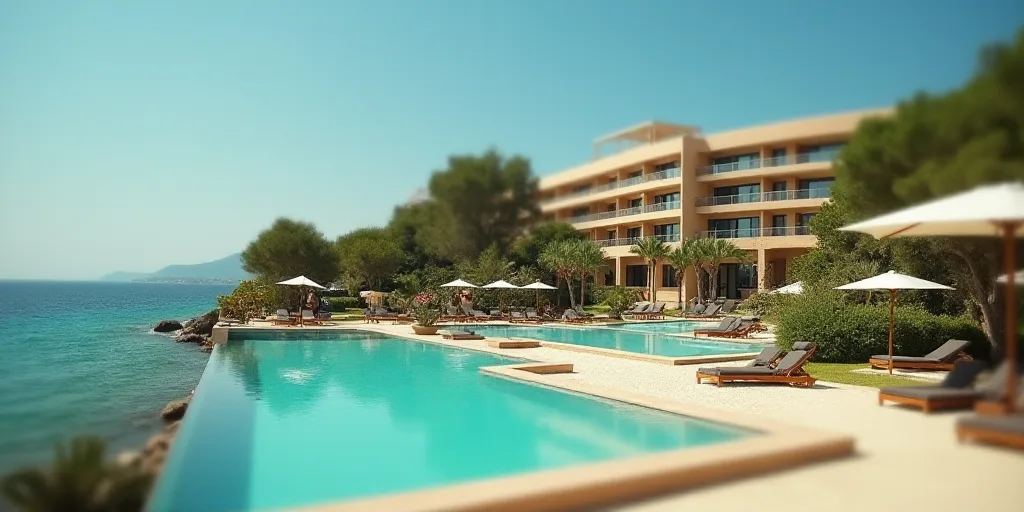 a resort with a pool and a beach in front of it and a resort in the background with a large pool, En