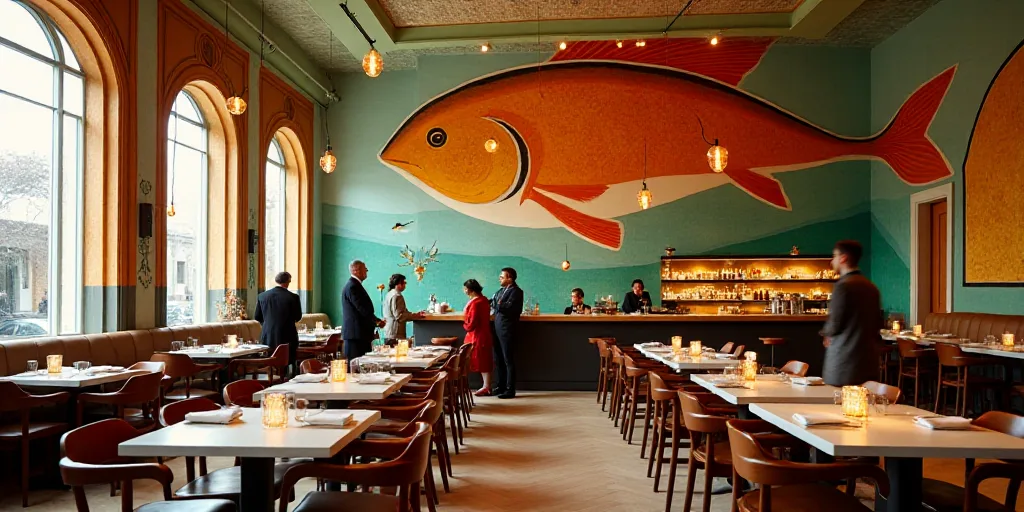 a restaurant with a large mural of fish on the wall and people standing around the tables and chairs