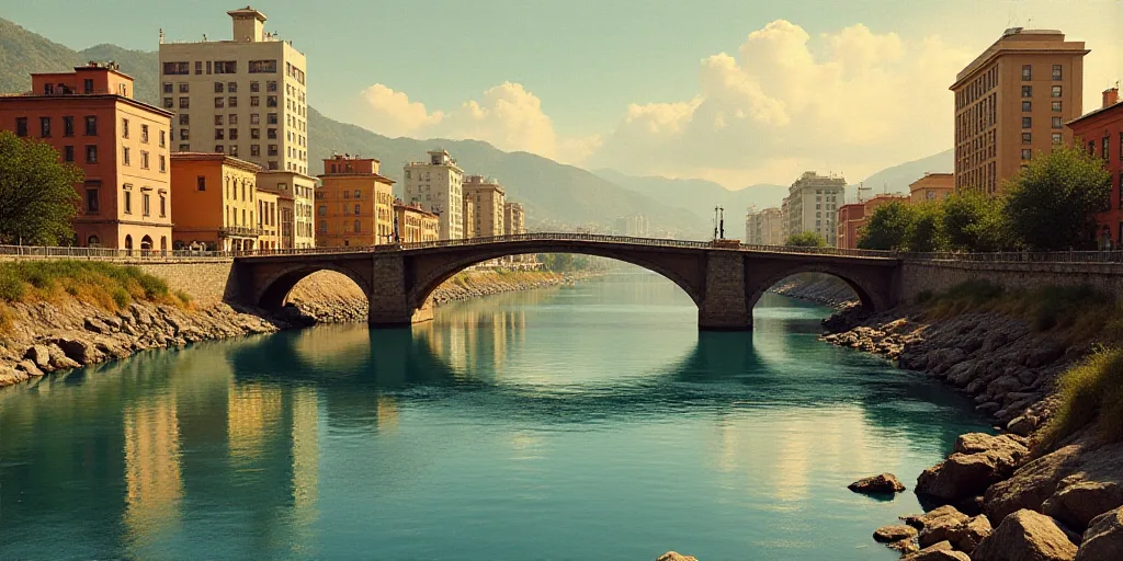 a river running through a city with tall buildings in the background and a bridge over it that is pa