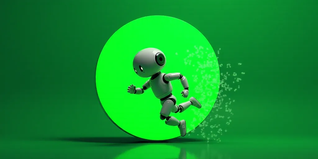 a robot running in a green circle with dots on it's side and a green background with dots, Ai-Mitsu,