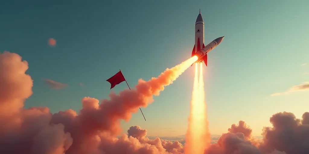 a rocket is flying through the sky with a flag on it's tail and a flag on its tail, Andries Stock, w