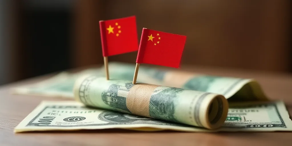 a roll of money and two small flags on a table with a roll of money in the background and a roll of