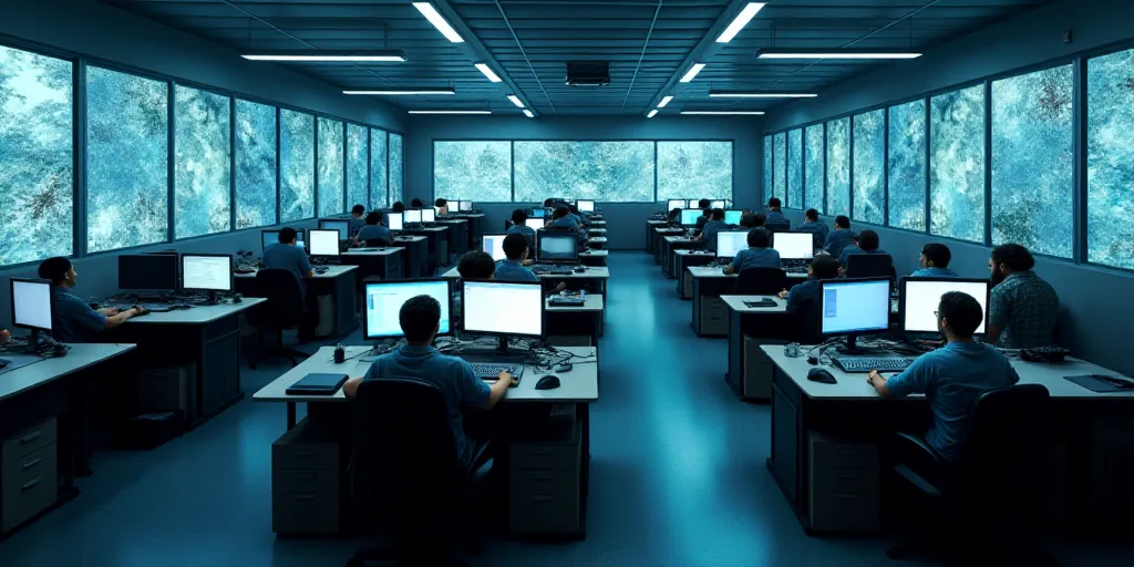 a room full of people with computers and monitors on the walls and desks with people standing around