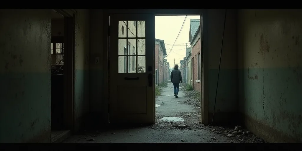 a room with a window and a door with a view of a street outside of it and a person walking on the si