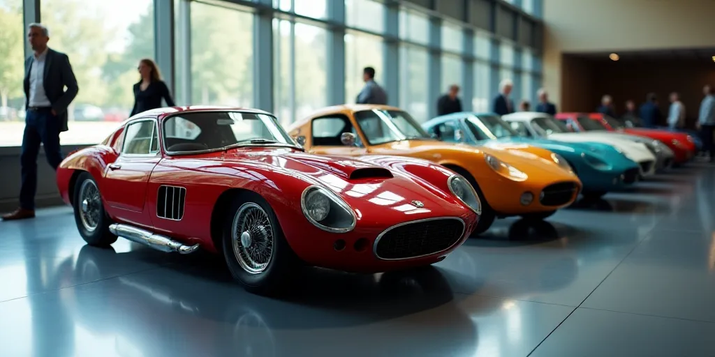 a row of cars parked in a building with windows and people walking by them in the background and a p