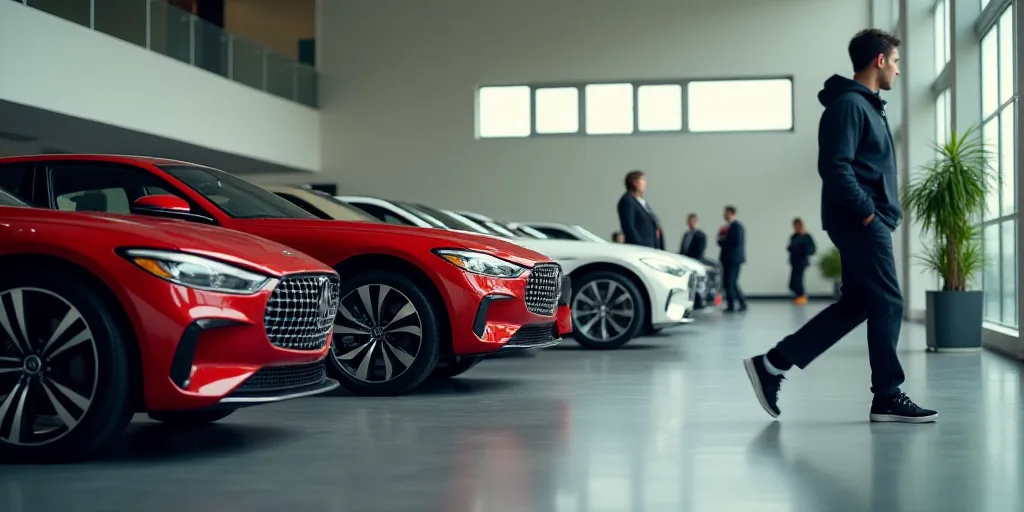 a row of cars parked in a building with windows and people walking by them in the background and a p
