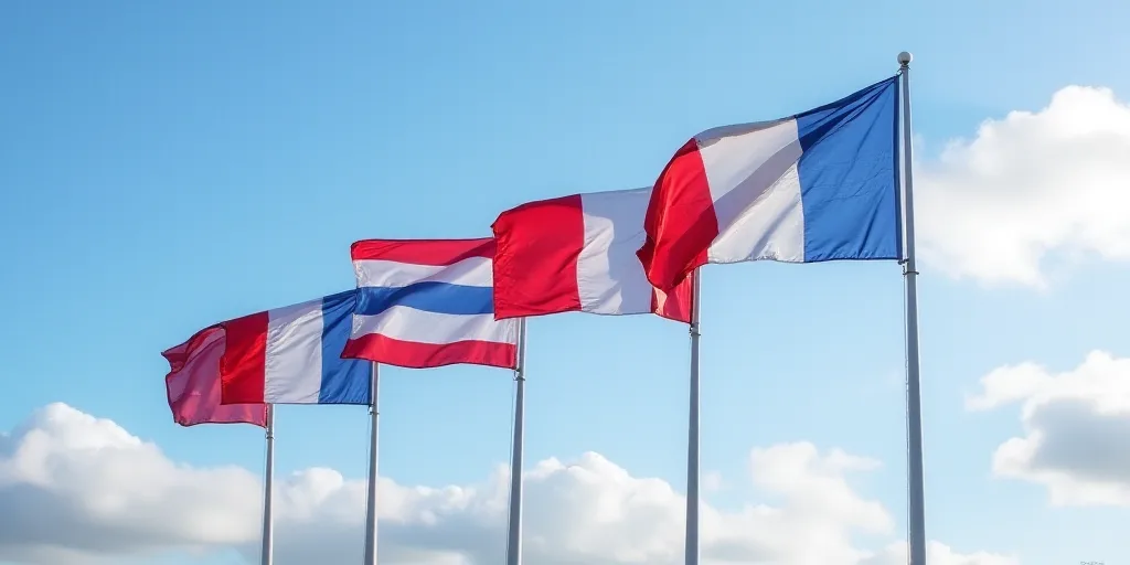 a row of flags blowing in the wind on a cloudy day with a blue sky in the background and a few cloud