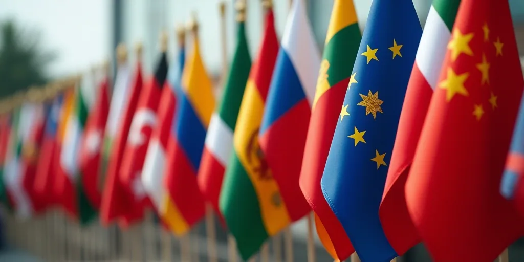 a row of flags with the flags of different countries in the background of the image, the flag of the