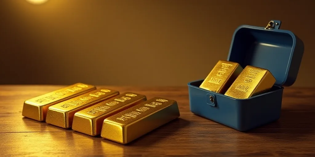 a row of gold bars sitting on top of a table next to a blue container of gold bars on a table, Engue