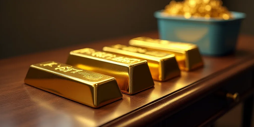 a row of gold bars sitting on top of a table next to a blue container of gold bars on a table, Engue
