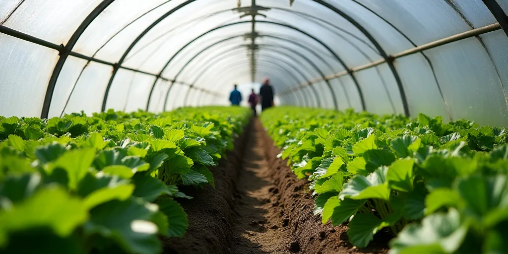 a row of greenhouses with plants growing inside of them and people standing in the distance in the d