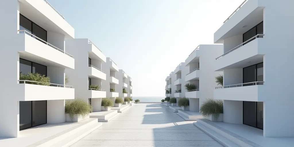 a row of white buildings with balconies and windows on each side of the building and a sidewalk lead
