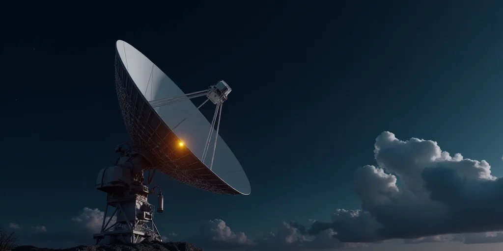 a satellite dish with a yellow light on it's side and a dark sky background with stars and a few clo