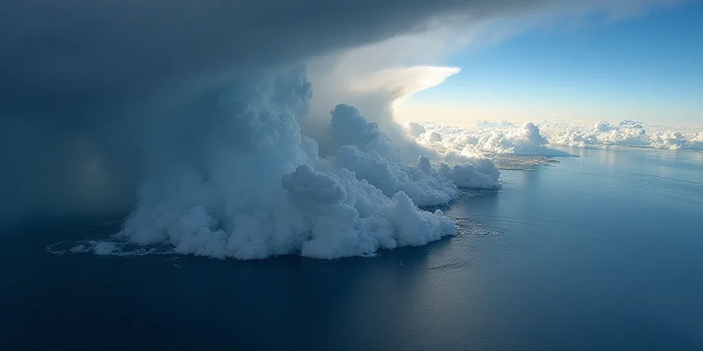 a satellite image of a cloud over the ocean and land area of a city and a city on the other side of