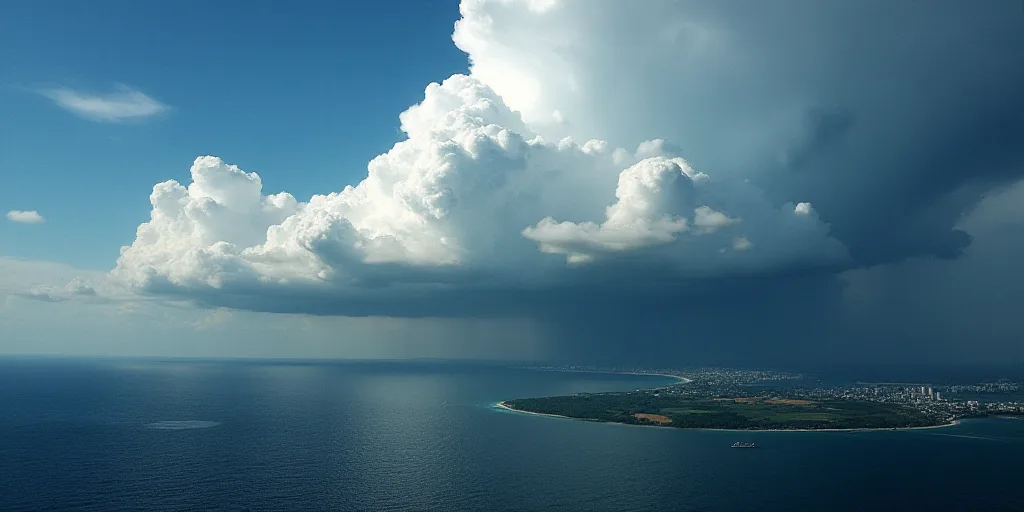 a satellite image of a cloud over the ocean and land area of a city and a city on the other side of