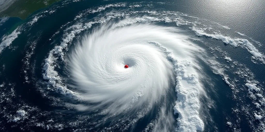 a satellite image of a hurricane in the middle of the ocean with a red marker indicating the locatio