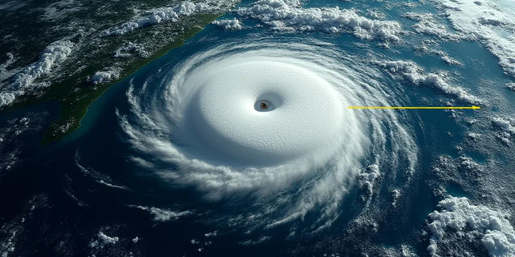 a satellite image of a hurricane in the ocean with a yellow line pointing to the center of the image