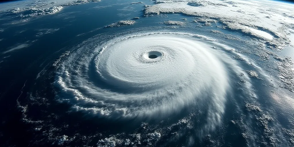 a satellite image of a hurricane in the ocean with a line of clouds above it and a line of lines bel