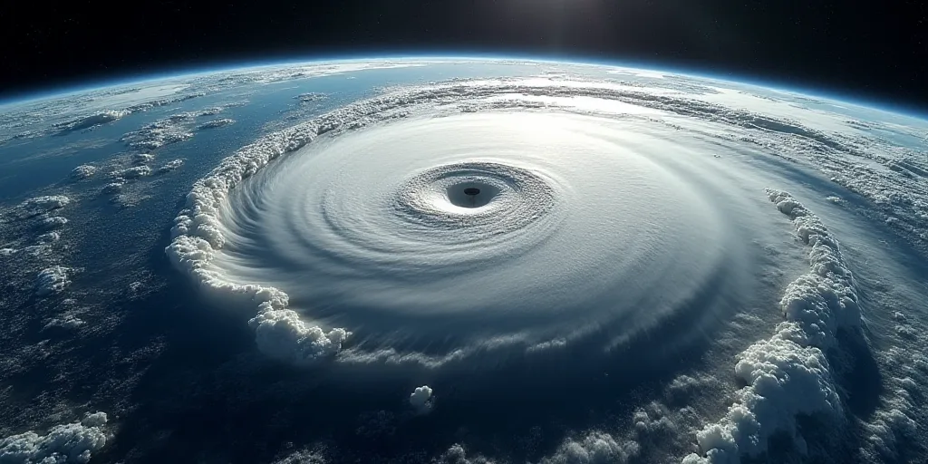 a satellite image of a hurricane in the ocean with a line of clouds above it and a line of lines bel