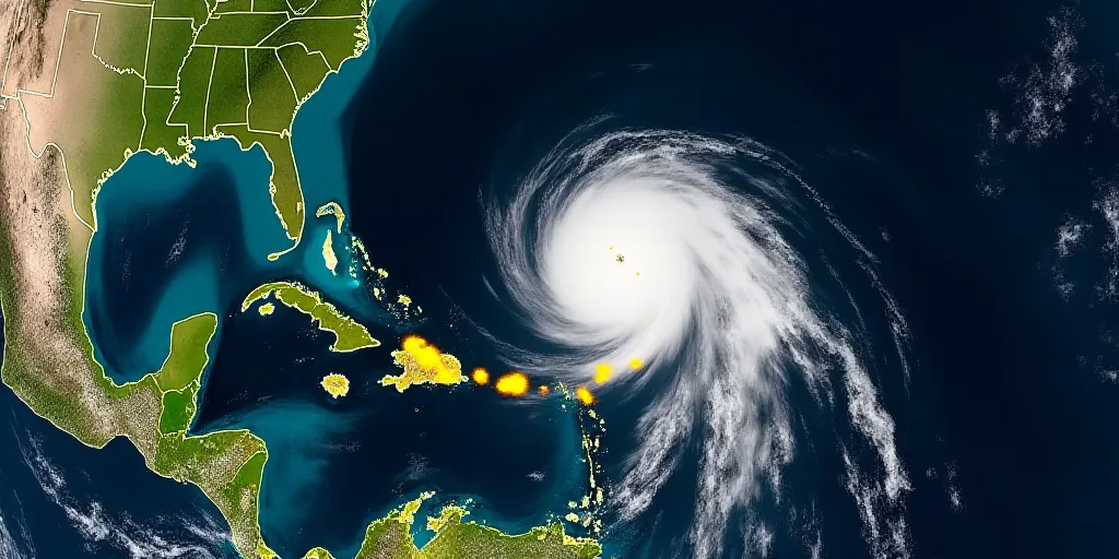 a satellite image of a hurricane in the atlantic with yellow dots indicating the path of the hurrica