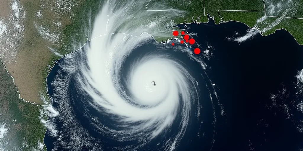 a satellite image of a hurricane with a line of red and blue markers indicating the path of the stor