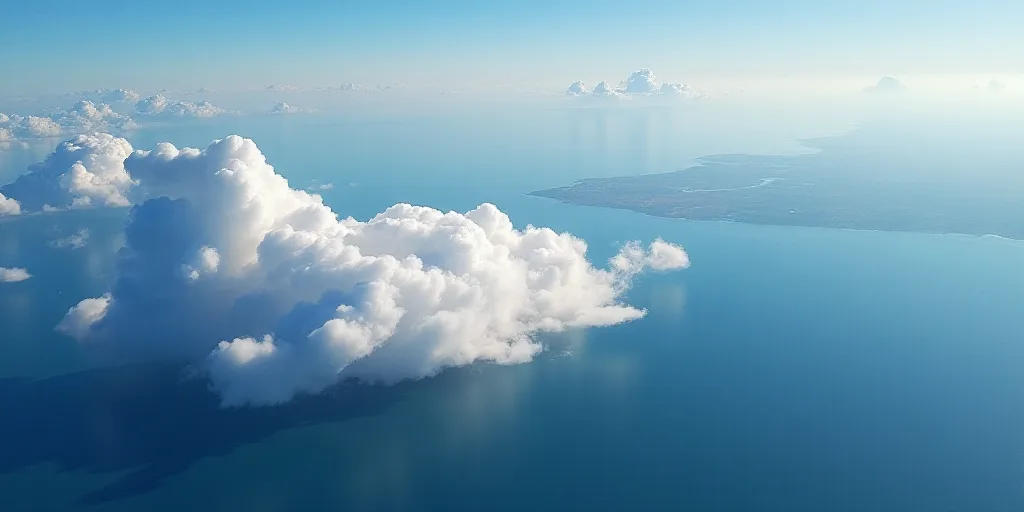 a satellite image of a large body of water and land in the distance, with a cloud covering the water
