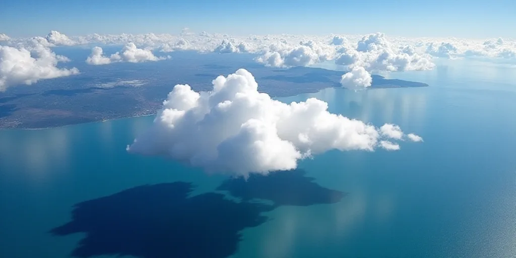 a satellite image of a large body of water and land in the distance, with a cloud covering the water