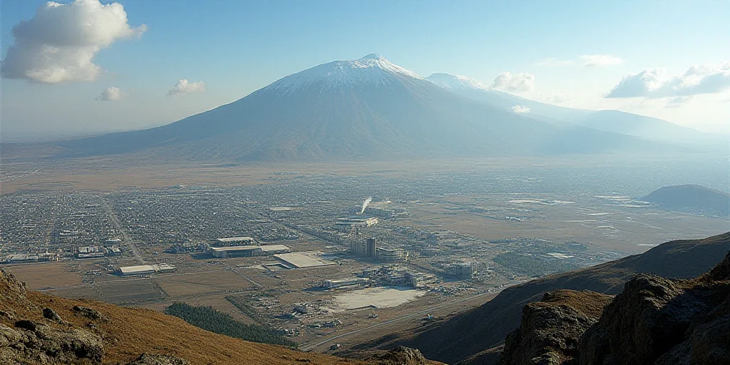 a satellite image of a large industrial area with buildings and roads in the foreground and a mounta
