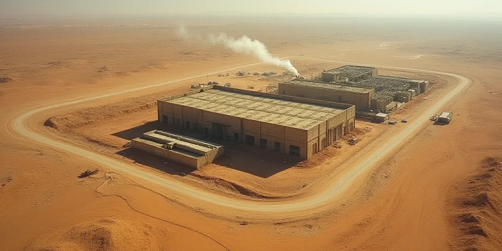 a satellite image of a large industrial area in the desert with a large building and a lot of dirt,