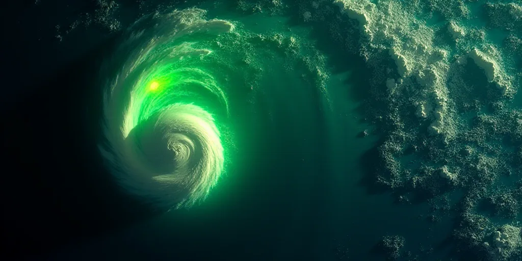 a satellite image of a storm in the middle of the ocean with green and yellow lights on it's sides,